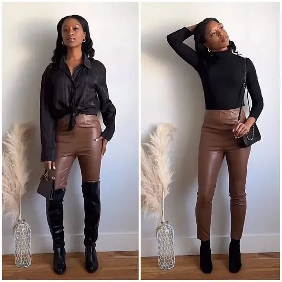 NWT ZARA CAMEL FAUX LEATHER LEGGING PANTS Size L - Picture 6 of 9